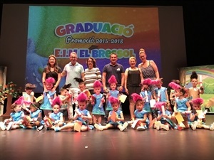 La clase de "Girafes" del Bressol en su graduación junto a profesorado, padres, madres y Bernabé Cano, alcalde de La Nucía